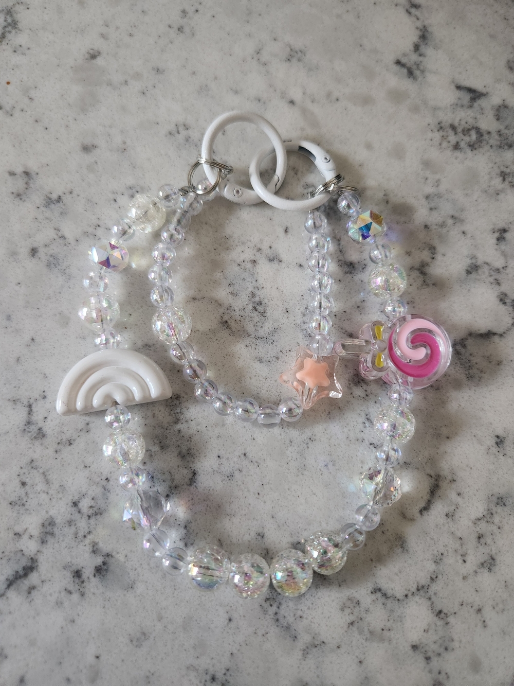 Clear Beaded With White Rainbow and Pink Candy Charms